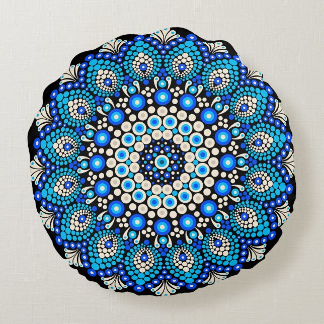 Redonda Almofada Decorativa com Padrão Mandala Azul Decora (Verso)