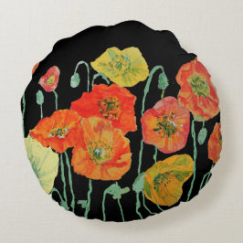 Redonda Almofada Decorativa com Papoulas Laranja e Pretas