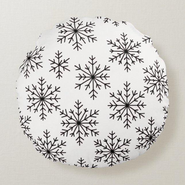 Redonda Almofada Decorativa Floco de Neve Preto e Branco – (Frente)