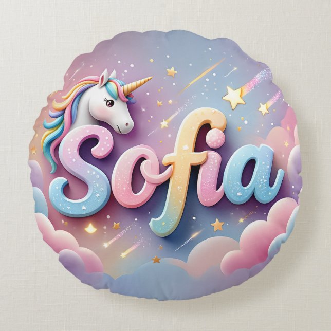 Redonda Almofada Sofia Unicórnio Pastel Personalizada (Frente)