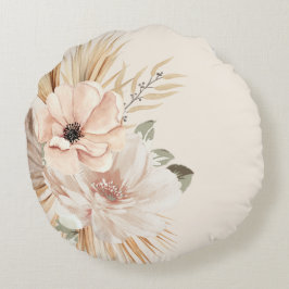 Redonda Boho Bege Flores de Aquarela Palmeiras Almofada