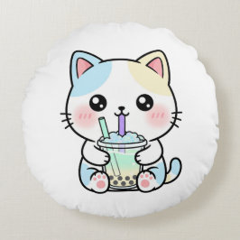 Redonda Gato Adorável com Bebida – Almofada