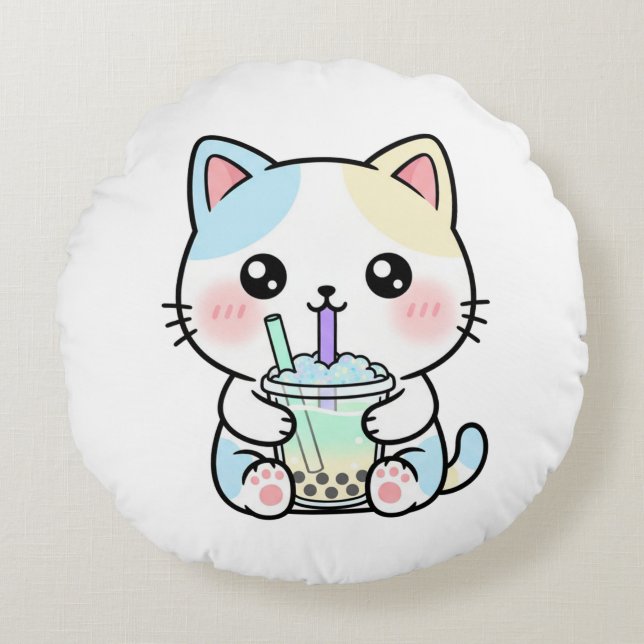 Redonda Gato Adorável com Bebida – Almofada (Frente)