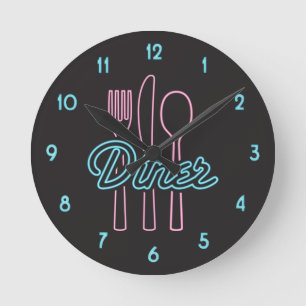 Redondo 1950 Neon Diner Pink, Silverware Azul, Relógio Re