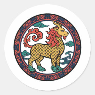 Redondo Adesivo auspicioso chinês Qilin Kirin dourado