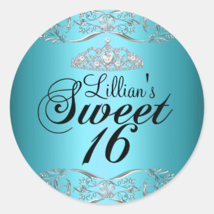 Redondo Adesivo Azul Preto Damask & Tiara Sweet 16