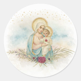 Redondo Adesivo Católico Floral Vintage Madonna e Filho