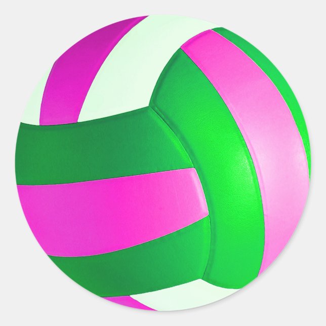 Redondo Adesivo clássico de voleibol rosa e verde (Frente)