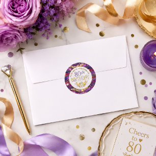 Redondo Adesivo de 80º Aniversário Roxo e Dourado com Joia