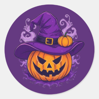Redondo Adesivo de Abóbora de Halloween com Chapéu de Brux