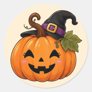 Redondo Adesivo de Abóbora de Halloween com Chapéu de Brux