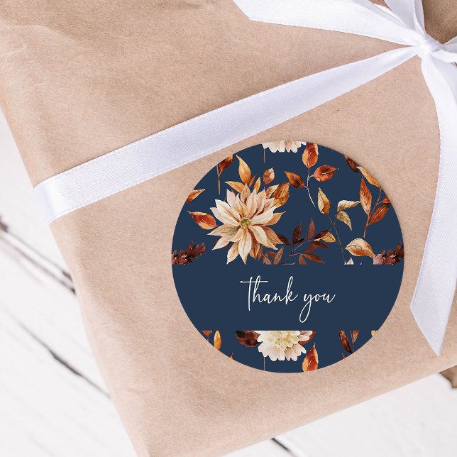 Redondo Adesivo de Agradecimento Black Fall (Navy Blue Fall Watercolor Floral Thank You Sticker by Painted Paperie
)