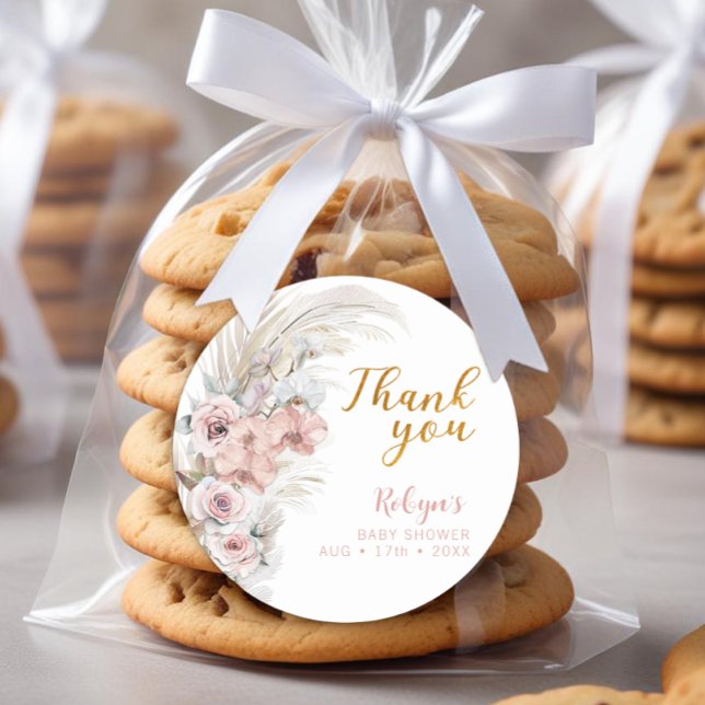 Redondo Adesivo de Agradecimento Boho Pampas Chá de Bebê (Baby Shower Favor Sticker)