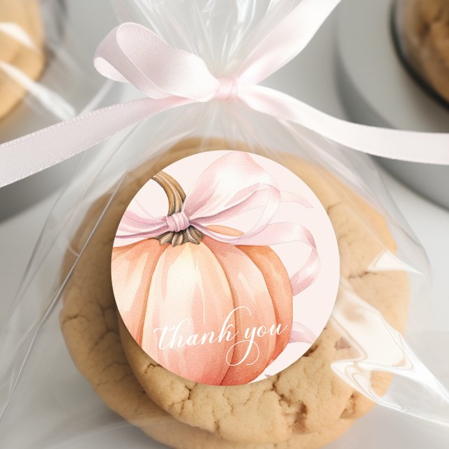 Redondo Adesivo de agradecimento de abóbora com laço rosa  (Criador carregado)