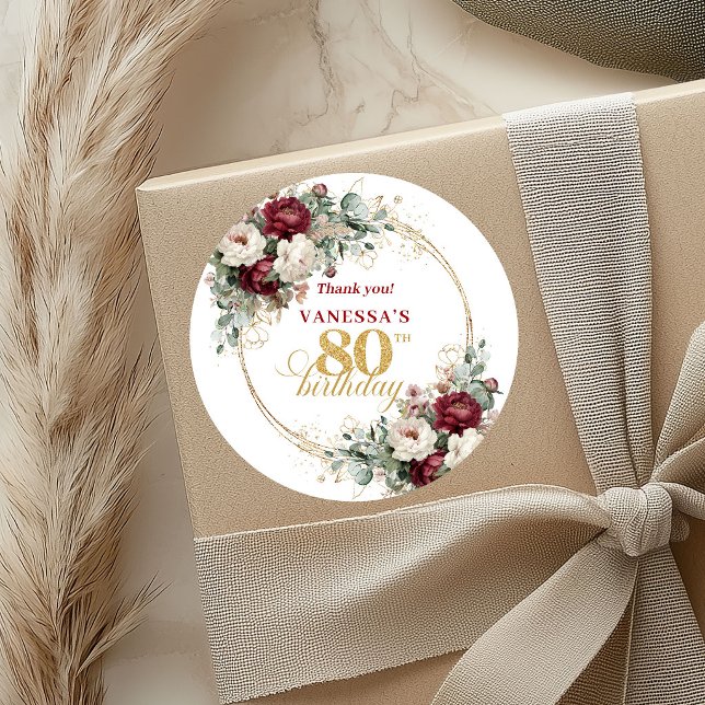 Redondo Adesivo de Aniversário de 80 Anos Sofisticado Bege (Sophisticated Blush Burgundy 80th Birthday Stickers)