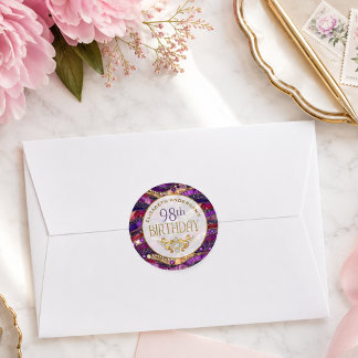 Redondo Adesivo de Aniversário de 98 Anos Roxo e Dourado c