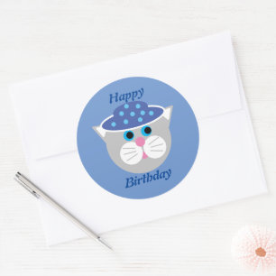 Redondo Adesivo de aniversário de gato de desenho animado