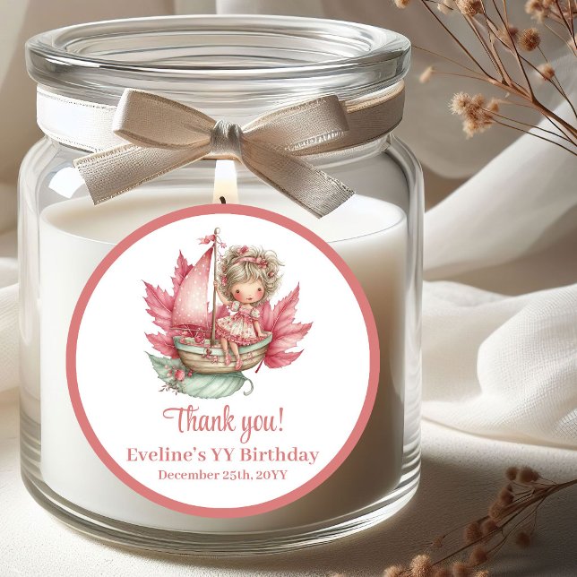 Redondo Adesivo de Aniversário de Menina com Flores de Fad (Whimsical Pink Fairy Flowers Girl Birthday Stickers)