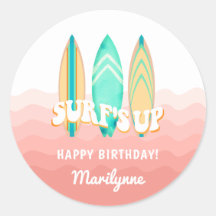 Adesivo de aniversário de prancha de surfe rosa