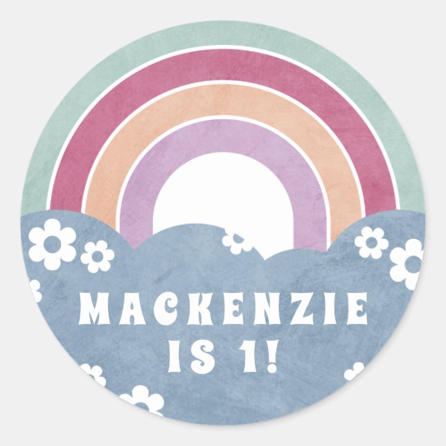 Redondo Adesivo de aniversário do Rainbow & Daisies Kid (Frente)