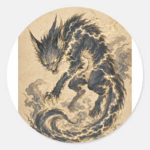 Redondo Adesivo de Arte Raiju Gold Tail Yokai Japonês