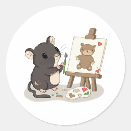 Redondo Adesivo de Artista de Rato Fofo Pintando um Urso d