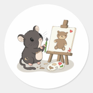 Redondo Adesivo de Artista de Rato Fofo Pintando um Urso d