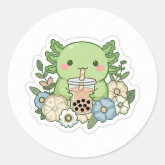 Redondo Adesivo de Axolote Verde Kawaii Bebendo Chá de Bob