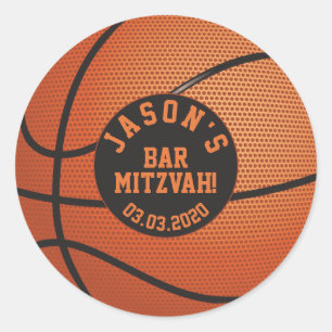 Redondo Adesivo de Bar Mitzvah de Basquetebol Laranja Pret