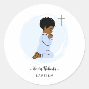 Redondo Adesivo de Batismo Azul de Bebê Menino Negro Rezan