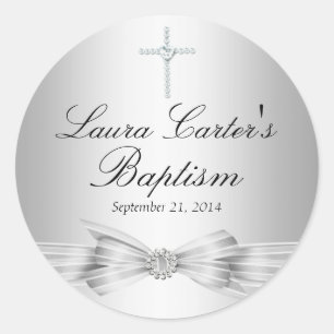 Redondo Adesivo de Batismo com Arco de Prata e Cruz