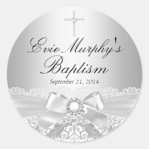 Redondo Adesivo de Batismo com Damasco Prata e Laço Bonito
