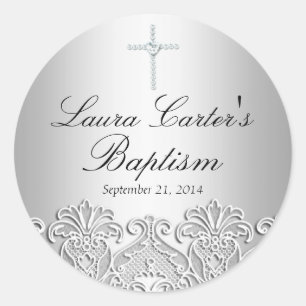 Redondo Adesivo de Batismo com Renda Branca e Cruz