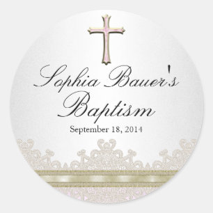 Redondo Adesivo de Batismo com Renda e Cruz Bonita