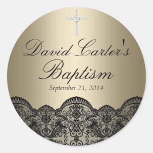 Redondo Adesivo de Batismo Ouro com Renda e Cruz Bonito