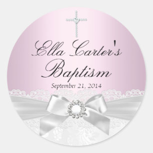 Redondo Adesivo de Batismo Pink White Lace & Cross