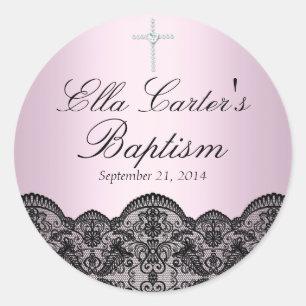Redondo Adesivo de Batismo Rosa com Renda e Cruz Bonito