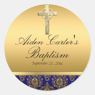 Redondo Adesivo de Batismo Royal Blue Damask & Cruz
