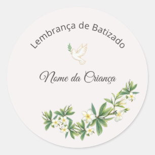 Redondo Adesivo de Batizado Floral com Pomba Personalizado
