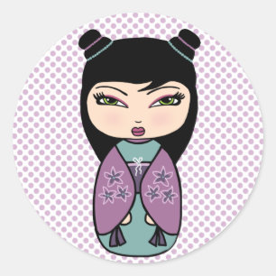 Redondo Adesivo de boneca Kokeshi, brilhante, 3 polegadas 