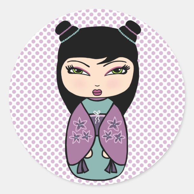 Redondo Adesivo de boneca Kokeshi, brilhante, 3 polegadas  (Frente)