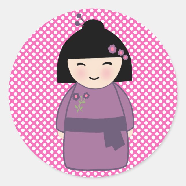 Redondo Adesivo de boneca Kokeshi japonesa (Frente)