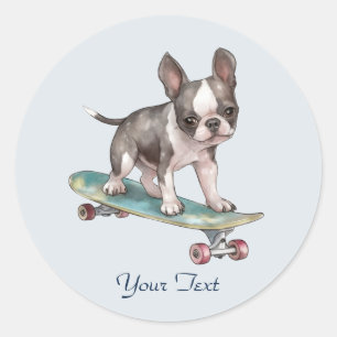 Redondo Adesivo de Boston Terrier Aquarela