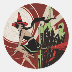 Redondo Adesivo de Bruxa de Halloween Vintage Noite das Br