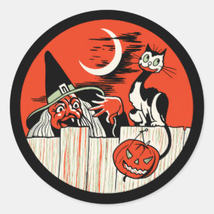 Redondo Adesivo de Bruxa e Gato de Halloween Vintage