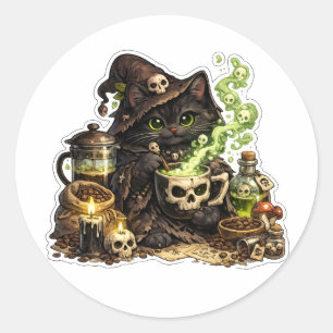Redondo Adesivo de Bruxa Feiticeira de Poção de Gato Preto
