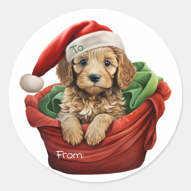 Redondo Adesivo de Cachorrinho Cockapoo de Natal (Frente)