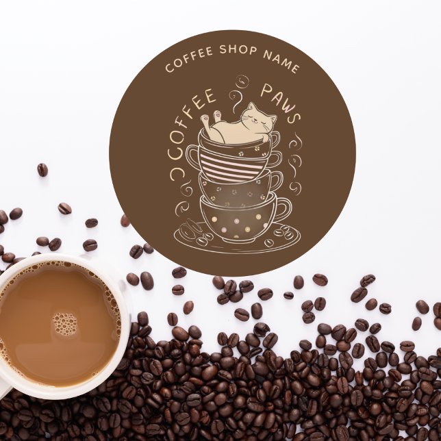 Redondo Adesivo de café com gato fofo Coffee Paws (Criador carregado)