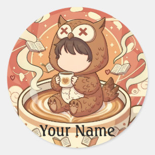 Redondo Adesivo de café de coruja com nome personalizado p