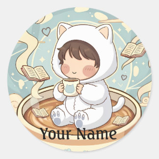 Redondo Adesivo de Café de Gato com Nome Personalizado par
